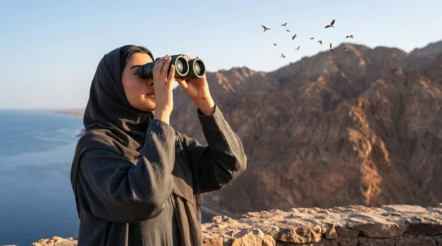 امرأة سعودية بالعباءة تنظر بالمنظار بجانب البحر