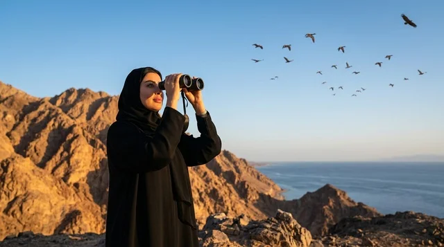 امرأة سعودية بالعباءة تنظر بالمنظار بجانب البحر امرأة سعودية بالعباءة تنظر بالمنظار بجانب البحر