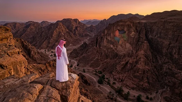 رجل سعودي بالزي التقليدي فوق الجبل وقت الغروب