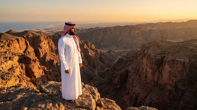 رجل سعودي بالزي التقليدي على جبل نيوم وقت الغروب