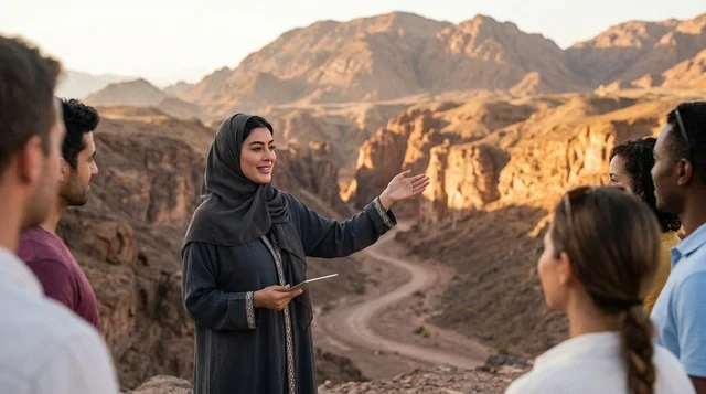 Emirati Female Tour Guide Leading Group in Desert Canyon