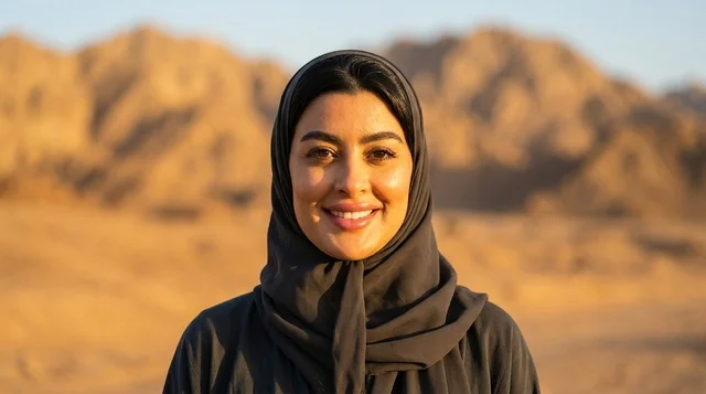 امرأة سعودية بالعباية والحجاب الرمادي وقت الغروب