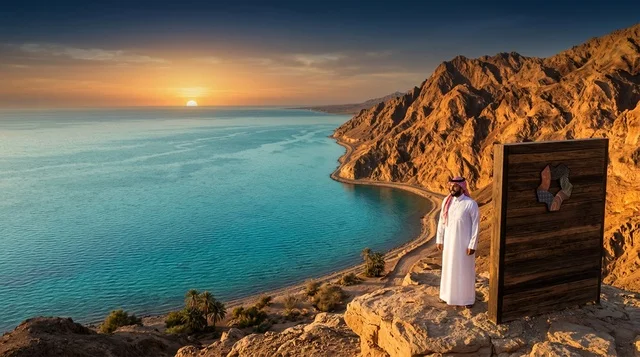 رجل سعودي بالزي التقليدي على جرف البحر الأحمر عند الغروب