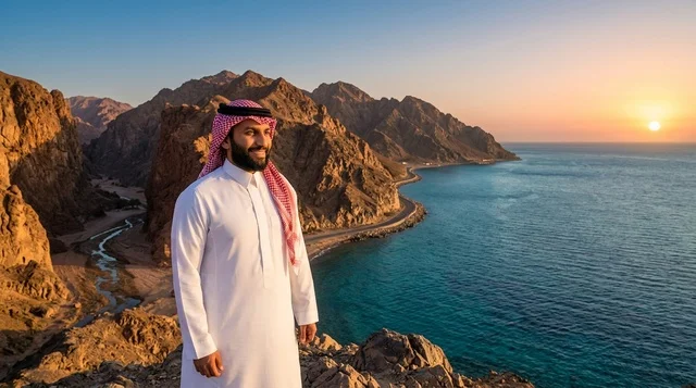رجل سعودي بالزي التقليدي على جبل ساحلي وقت الغروب
