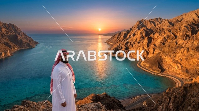 رجل سعودي على ساحل نيوم الجبلي وقت الغروب