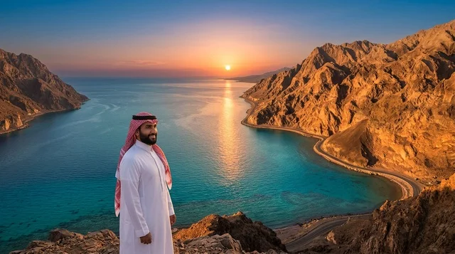 رجل سعودي على ساحل نيوم الجبلي وقت الغروب