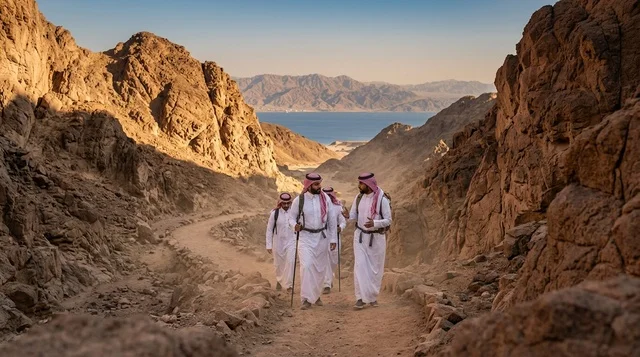 رجال سعوديون يمارسون الهايكنج في وادي جبلي صخري