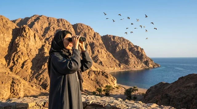 امرأة عربية بالمنظار تنظر إلى الجبال الساحلية والبحر