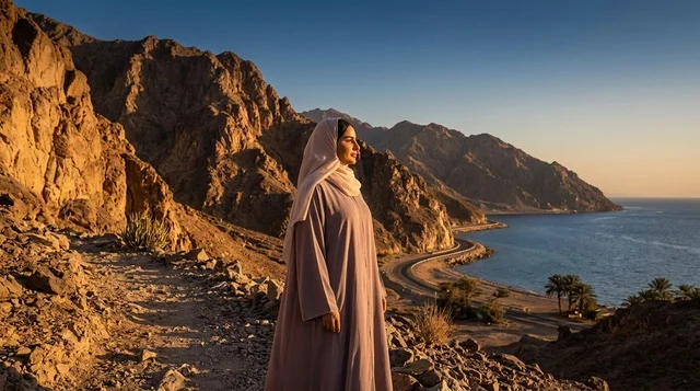 امرأة سعودية بالعباءة التقليدية فوق جبل يطل على البحر