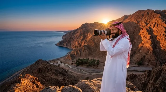 مصور سعودي بالزي التقليدي على قمة جبل يرصد غروب الشمس