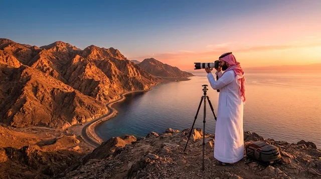 مصور سعودي يلتقط صورا من قمة جبلية وقت الغروب