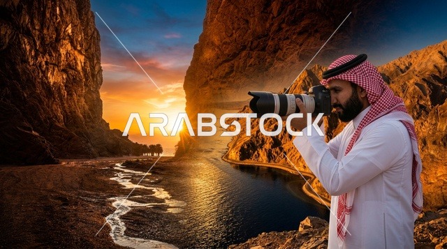مصور سعودي بالزي التقليدي في جبال وقت الغروب