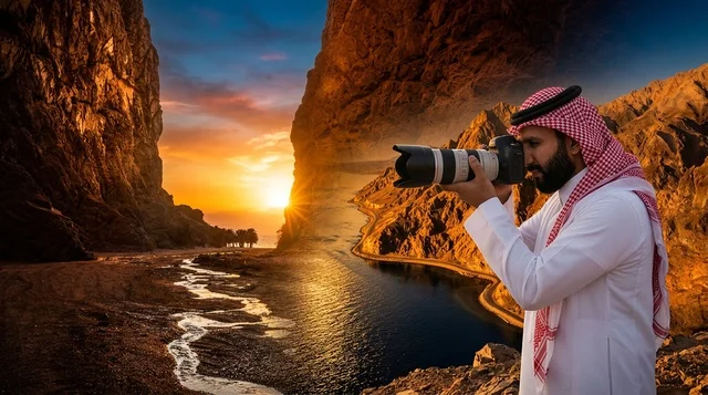 مصور سعودي بالزي التقليدي في جبال وقت الغروب