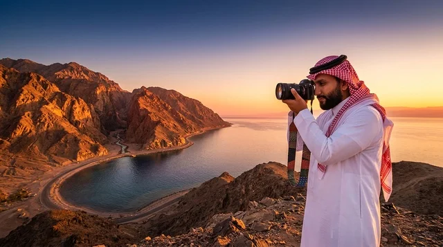مصور سعودي بالزي التقليدي يلتقط صوراً عند الغروب