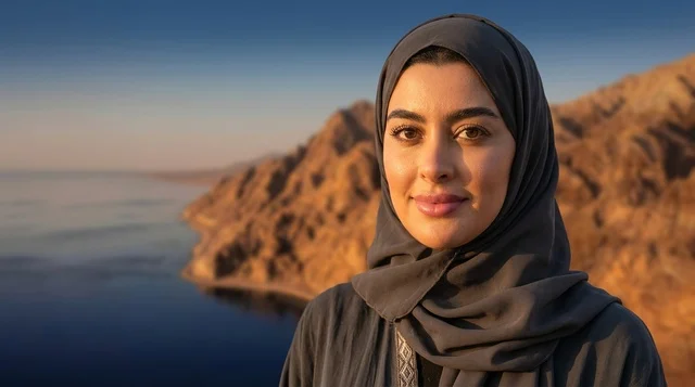 Saudi Woman in Grey Hijab and Abaya at Sunset Coast