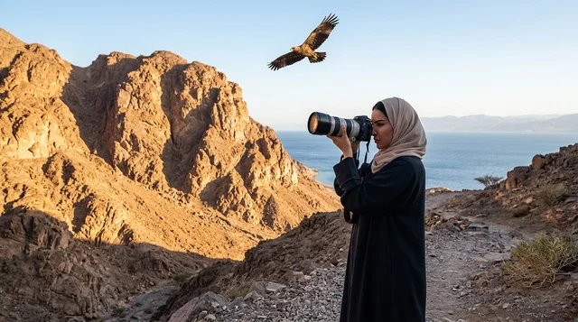 مصورة سعودية بالعباءة تلتقط الصور في جبال الصحراء