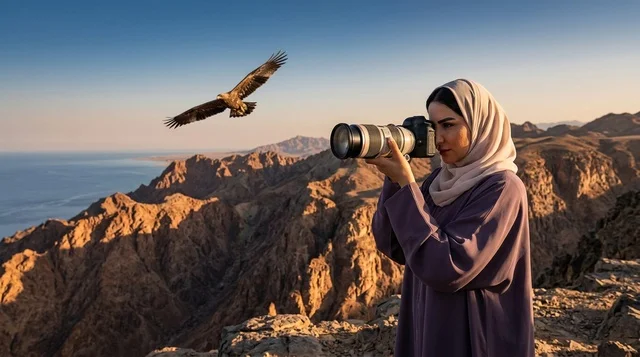 مصورة سعودية بالعباءة تلتقط صوراً فوق الجبال وقت الغروب