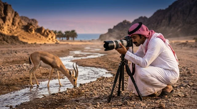 مصور سعودي بالثوب التقليدي يصور غزالاً في الصحراء