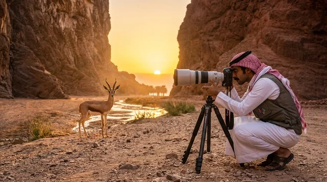 مصور سعودي يلتقط صورا لغزال في واد صحراوي وقت الغروب