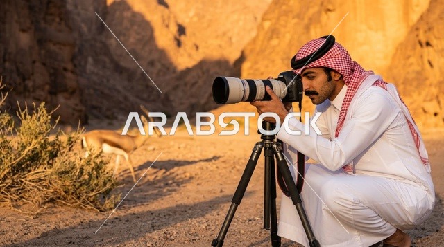مصور سعودي بالثوب والشماغ التقليدي يصور غزالاً بالصحراء
