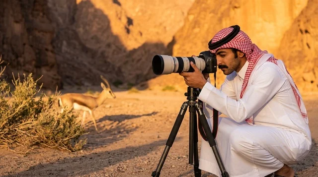 مصور سعودي بالثوب والشماغ التقليدي يصور غزالاً بالصحراء