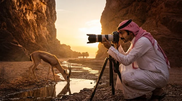 Saudi Photographer Taking Wildlife Gazelle Sunset Photo