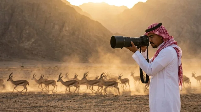 مصور سعودي يلتقط صورا للغزلان في الصحراء وقت الغروب