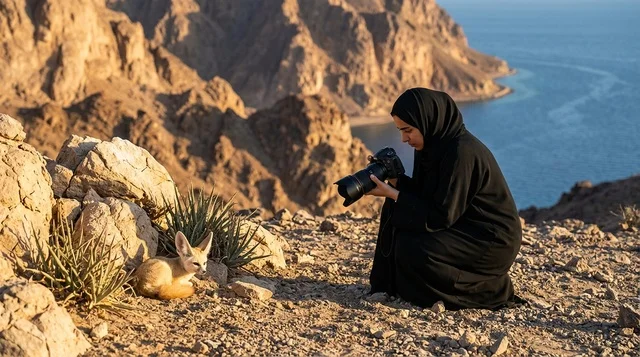 مصورة عربية بالعباءة تصور ثعلب الفنك على جبل صخري