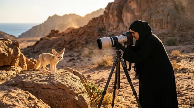 مصورة سعودية بالعباءة تصور ثعلب الفنك في الصحراء وقت الغروب