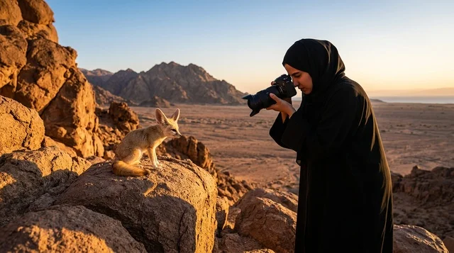 مصورة سعودية بالعباءة تلتقط صورة لثعلب الفنك بالصحراء
