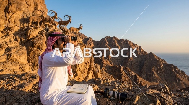 Saudi Man Observing Ibex in Mountains with Binoculars