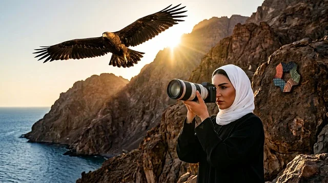 A Saudi woman in a black abaya and gray hijab at sunset.