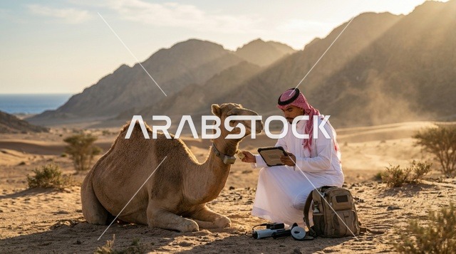 رجل سعودي مع جمل في الصحراء يستخدم جهاز لوحي رقمي