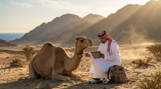 Saudi Man with Camel in Desert Using Digital Tablet