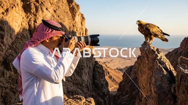 مصور سعودي يرتدي الثوب والشماغ يلتقط صورة لنسر بري