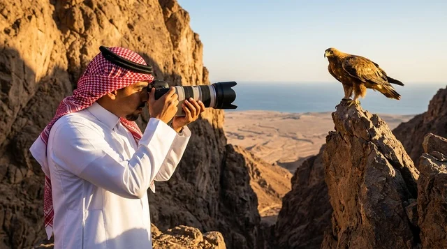 مصور سعودي يرتدي الثوب والشماغ يلتقط صورة لنسر بري