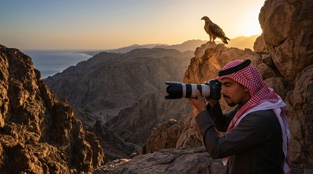 Saudi Photographer with Falcon on Mountain at Sunset
