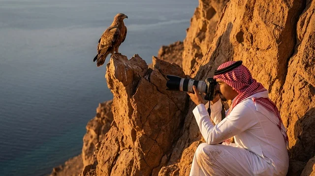 مصور سعودي يلتقط صورة لصقر على جرف جبلي وقت الغروب