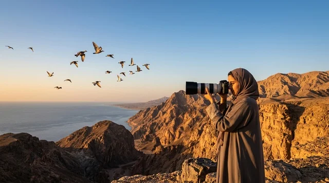 مصورة سعودية بالعباءة فوق قمة جبل وقت الغروب