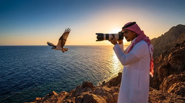 مصور سعودي على جرف صخري يلتقط صورة لصقر وقت الغروب