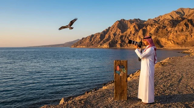 مصور سعودي بالزي التقليدي على شاطئ البحر وقت الغروب