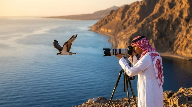 مصور سعودي يصور عقابا محلقا وقت الغروب على الساحل