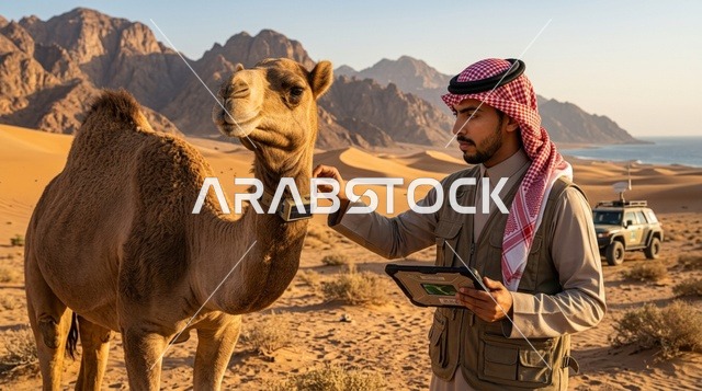 باحث سعودي يتتبع جملاً في الصحراء وقت الغروب