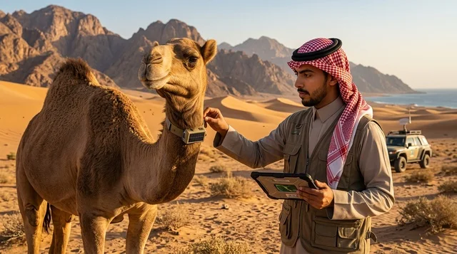 Saudi Researcher Tracking Camel in Desert at Golden Hour