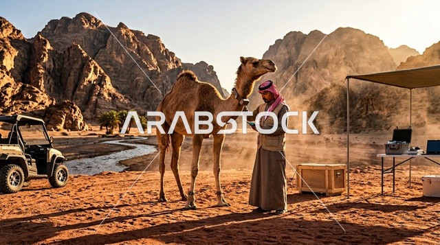 رجل سعودي باللباس التقليدي مع جمل في مخيم صحراوي