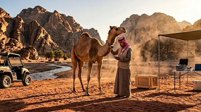 رجل سعودي باللباس التقليدي مع جمل في مخيم صحراوي