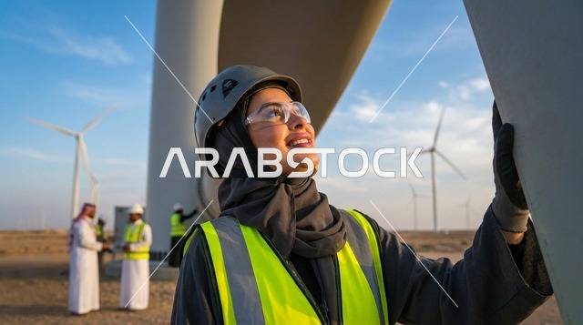 Saudi Female Engineer working at Wind Turbine Farm in Desert