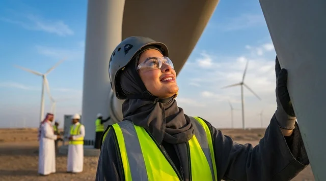 Saudi Female Engineer working at Wind Turbine Farm in Desert