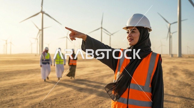 مهندسة سعودية تشير إلى توربينات الرياح في الصحراء