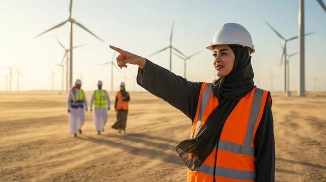 Saudi Female Engineer pointing at Desert Wind Turbines
